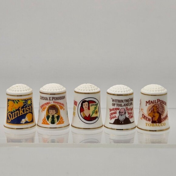 Country Store Advertising Thimbles Set of 25 and Info Cards W/ Wood Display Rack - Picture 9 of 16